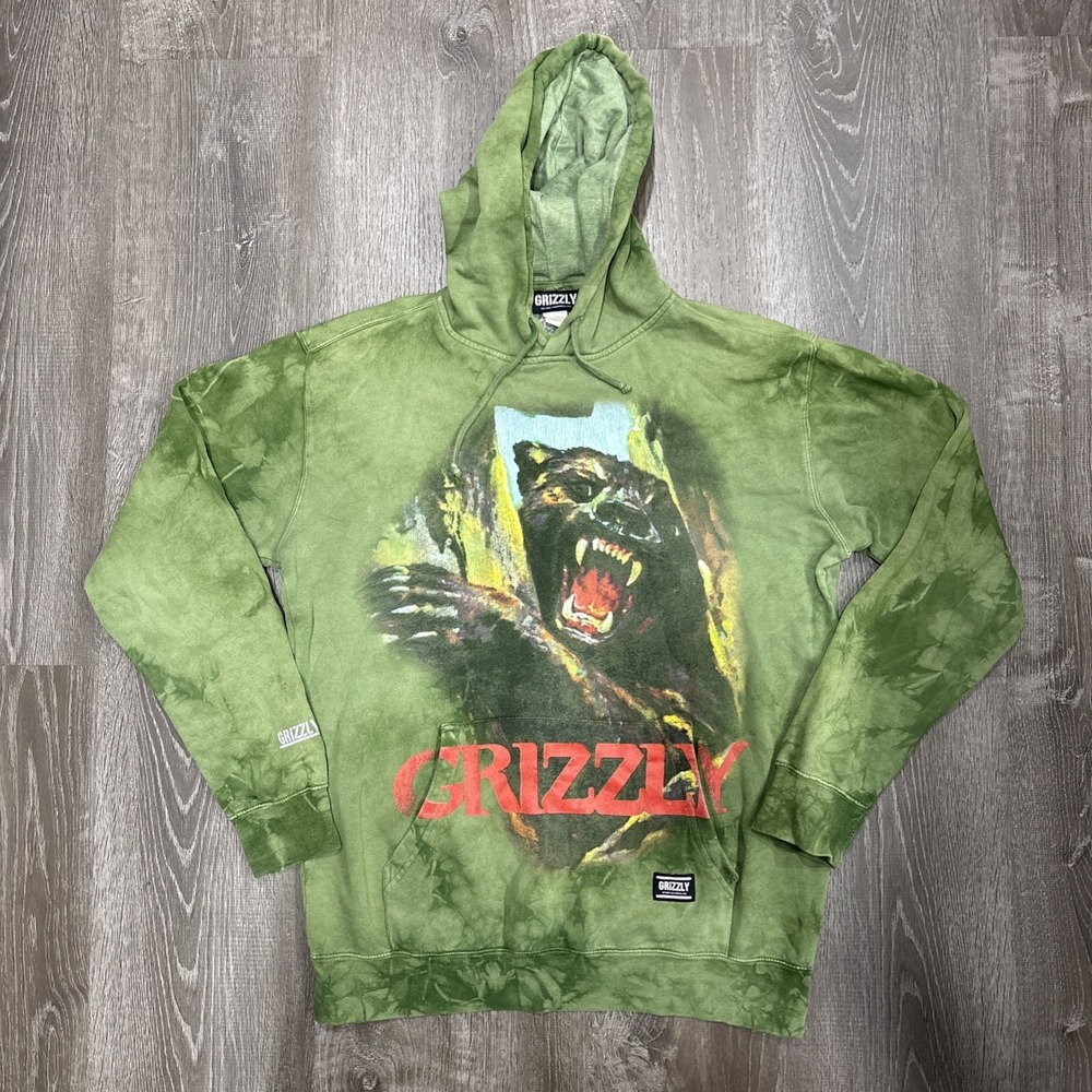Grizzly Griptape Hoodie Mens Medium Green Tie Dye Bear Graphic Skateboarding